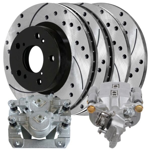 Front and Rear Brake Calipers and Drilled Slotted Rotors Black Kit