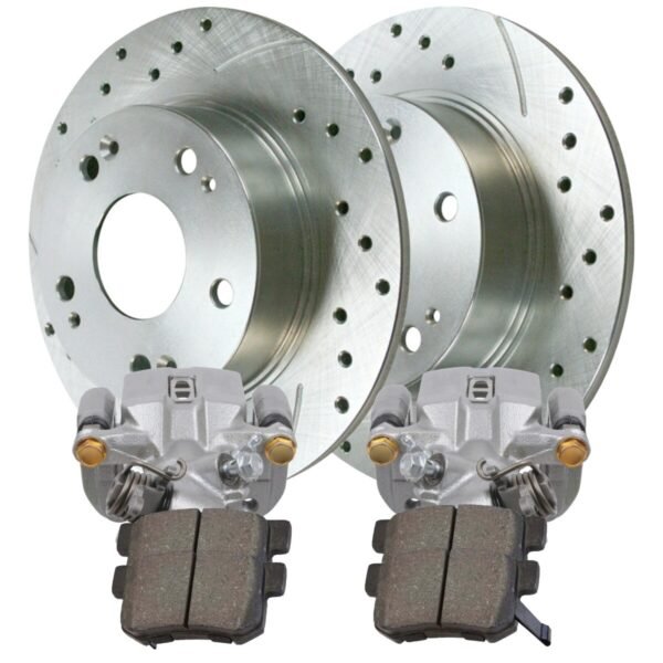 Rear Brake Calipers Performance Ceramic Pads Drilled Slotted Rotors Silver Kit Driver and Passenger Side