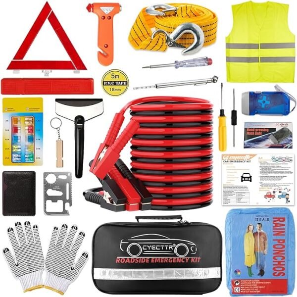 CYECTTR Car Roadside Emergency Kit,Auto Vehicle Truck Safety Emergency Road Side Assistance Kits with Jumper Cables,Safety Hammer,Reflective Warning Triangle,Tire Pressure Gauge,Tow Rope,etc