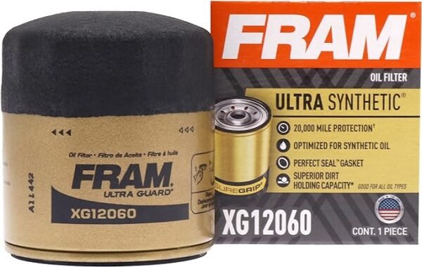 FRAM Ultra Synthetic Automotive Replacement Oil Filter, Designed for Synthetic Oil Changes Lasting up to 20k Miles, XG12060 with SureGrip (Pack of 1)