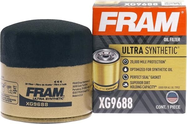 FRAM Ultra Synthetic Automotive Replacement Oil Filter, Designed for Synthetic Oil Changes Lasting up to 20k Miles, XG9688 with SureGrip (Pack of 1) Fits Select Hyundai, Kia, Honda, Model Years
