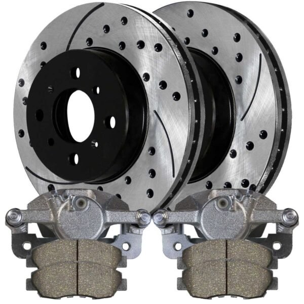 Front Brake Calipers Ceramic Pads Drilled Slotted Rotors Black Kit Driver and Passenger Side