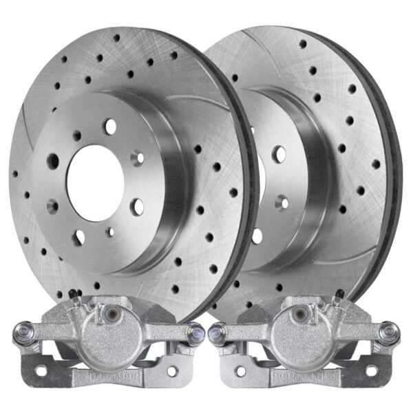 Front Brake Calipers Drilled Slotted Rotors Silver Kit Driver and Passenger Side