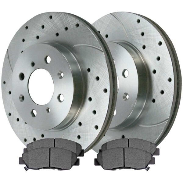 Front Drilled Slotted Brake Rotors Silver and Ceramic Pads Kit Driver and Passenger Side