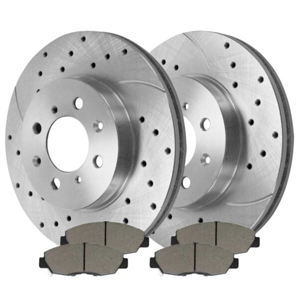 Front Drilled and Slotted Brake Rotors Silver and Performance Ceramic Pads Kit Driver and Passenger Side