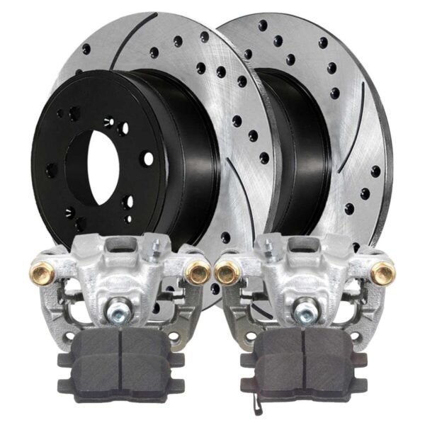 Rear Brake Calipers Ceramic Pads Drilled Slotted Rotors Black Kit Driver and Passenger Side